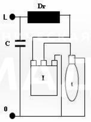Dr - балласт L - лампа I - зажигающее устройство C - компенсационный конденсатор