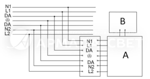 Схема подключения светильника к питающей сети с регулируемым драйвером и блоком резервного питания (на рис. А - выносной бокс, В - светильник)