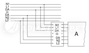 Схема подключения светильника к питающей сети с регулируемым драйвером и блоком резервного питания (на рис. А - выносной блок)
