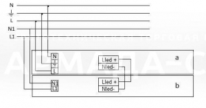 Схема подключения светильника к питающей сети с блоком резервного питания (на рис. а - светильник, b - блок резервного питания)
